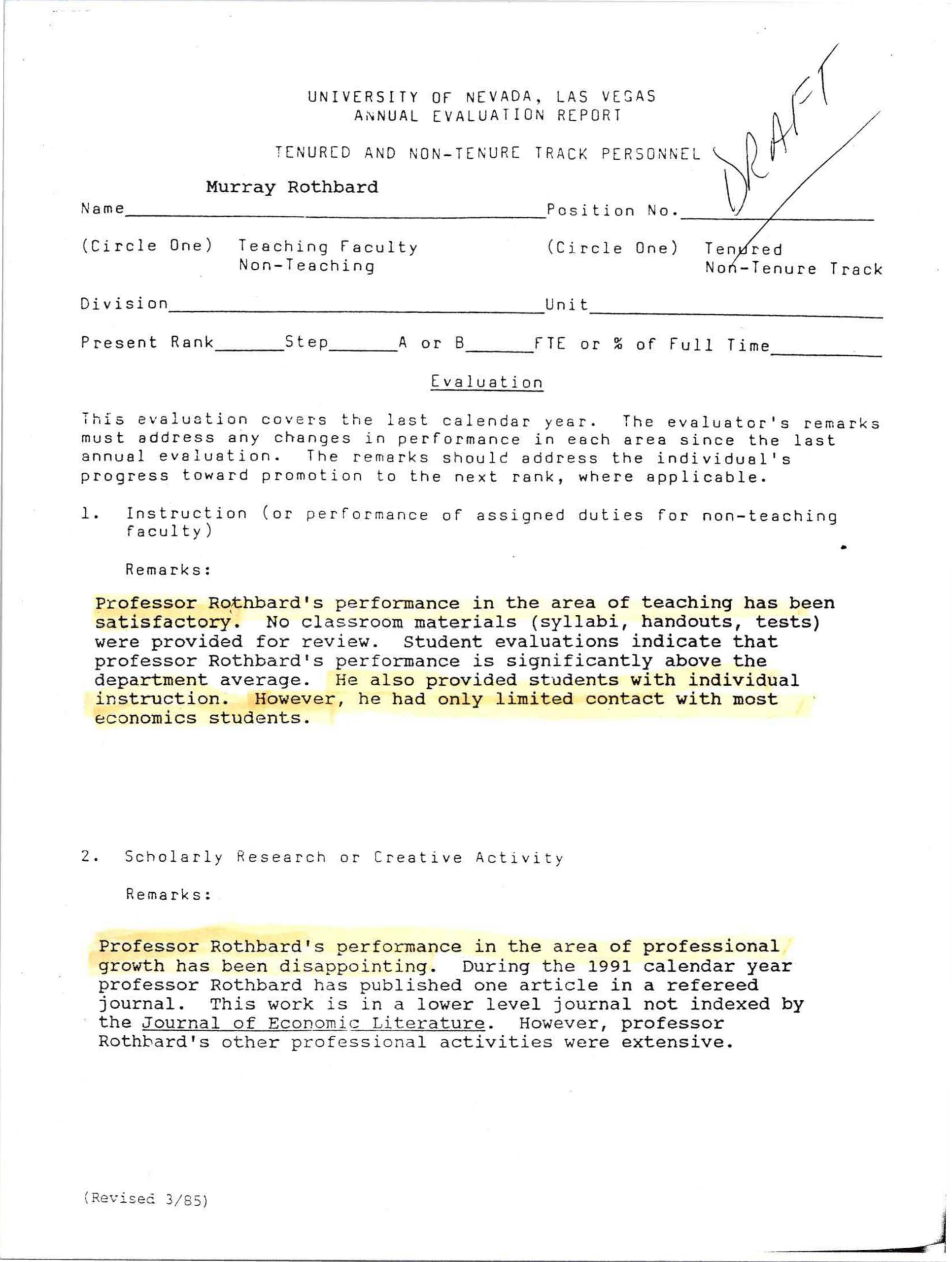 Rothbard's annual faculty review at UNLV by Chairman Thayer (1991)