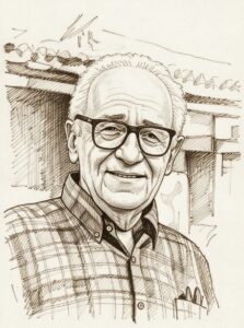 Grok-produced drawing based on photo courtesy Thomas Jacob, Mises Institute event at Stanford, July, 1990