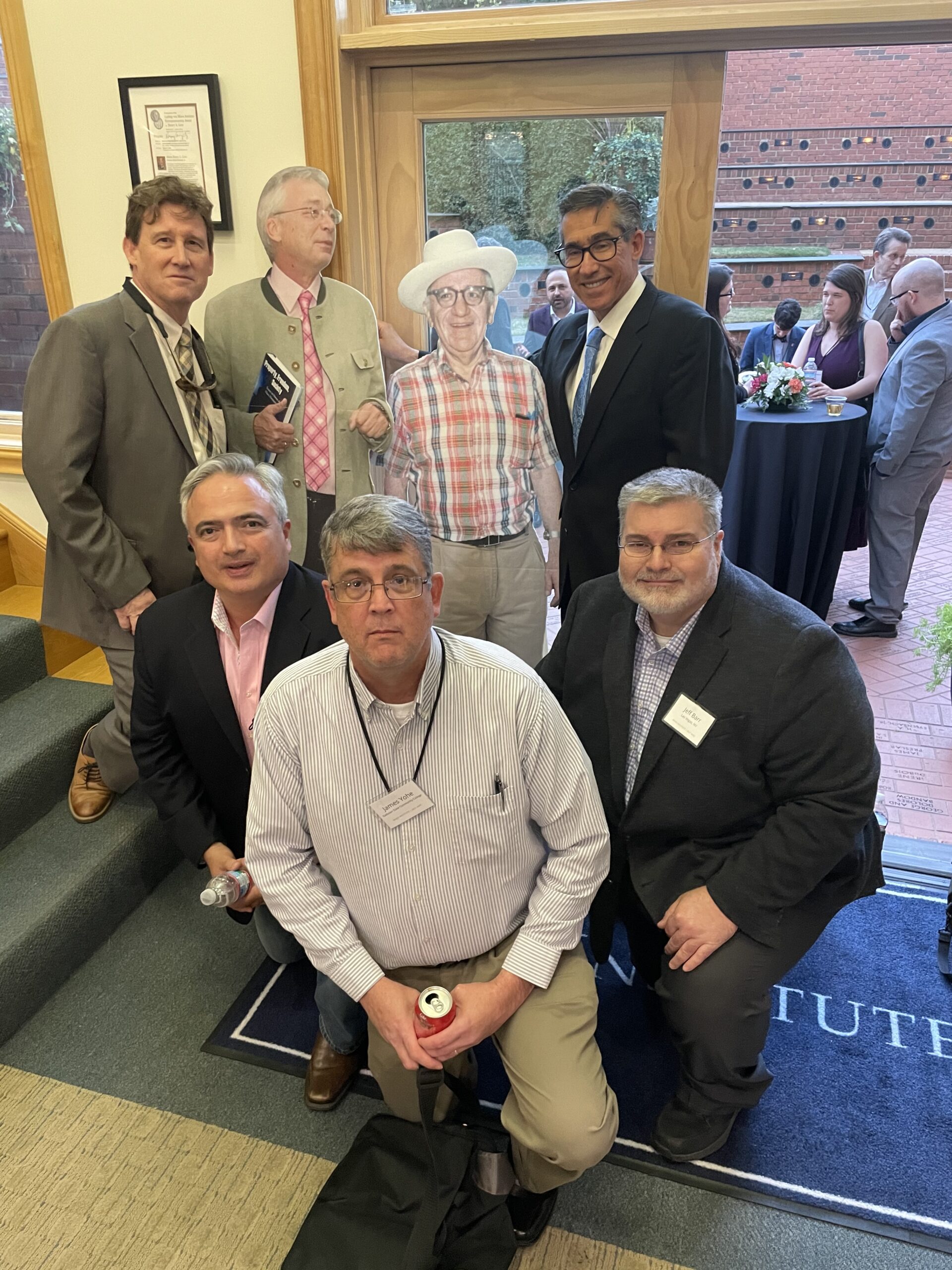 Joe Becker, Lee Iglody, Jim Yohe, Jeff Barr, Francis J. Beckwith, with cardboard Hoppe and Rothbard life-size cardboard standees, Mises Institute, Austrian Economics Research Conference 2021, March 20, 2021