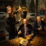 Rothbard Porto - Kinsella speaking - Beegarc AI Watercolor rendering Rothbard Porto - Kinsella and Adriano Paranaiba, with Hoppe and Gulcin Hoppe, Brazil Bucket Meme