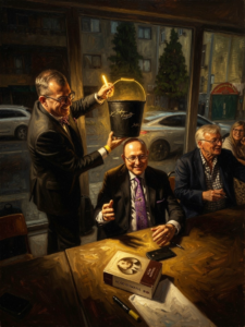 Rothbard Porto - Kinsella speaking - Beegarc AI Watercolor rendering Rothbard Porto - Kinsella and Adriano Paranaiba, with Hoppe and Gulcin Hoppe, Brazil Bucket Meme