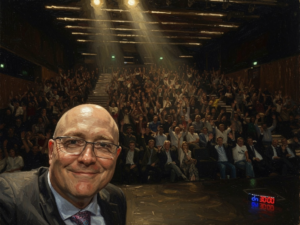 Rothbard Porto - Kinsella speaking and crowd - Beegarc AI Watercolor rendering